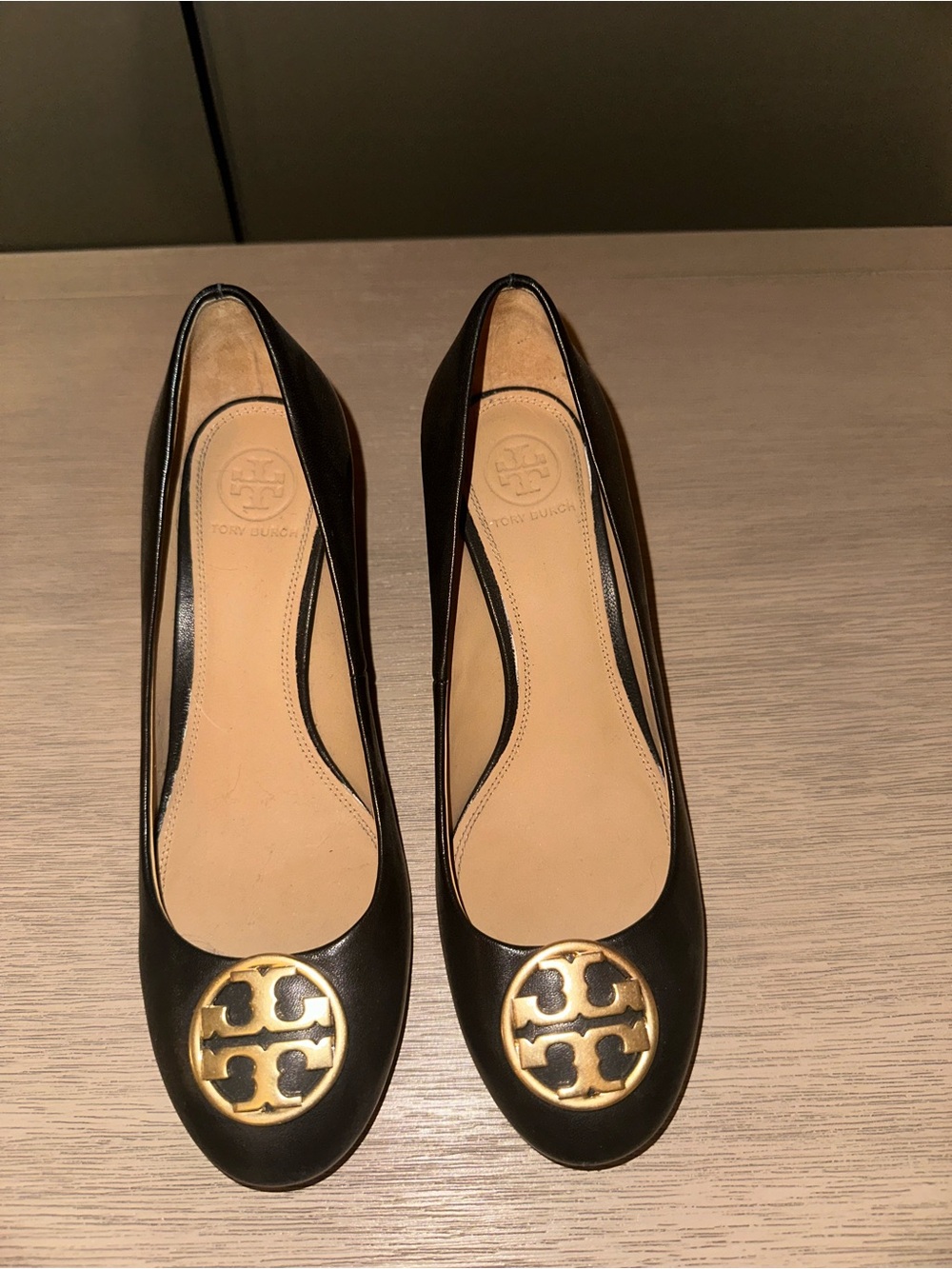 Tory Burch Black Leather Closed Toe Wedge